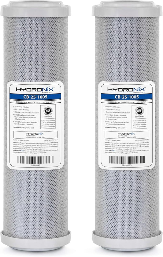 Hydronix CB‑25‑1005 Whole House Coconut Carbon Block Water Filter – 5-Micron Replacement Cartridge for RO & Drinking Water Systems | Standard 2.5 x 10 Inch Filter Housings (2 Pack)