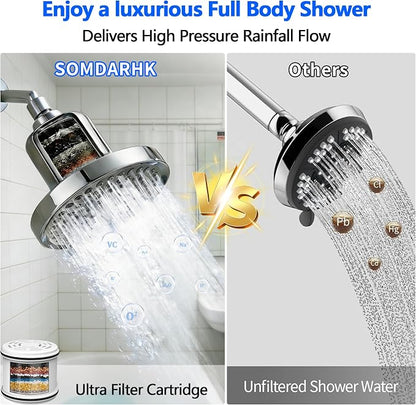 High Pressure Shower Head with Filters: Fixes Low Pressure & Rust Water for Old Apartments - 6" Hard Water Filtered Showerhead Removes Chlorine Easy Twist-on Install for Dorm Renter