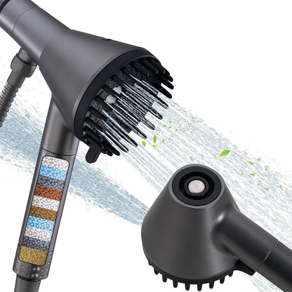 Ryamen 2026 Magnetic Filtered Shower Head with Handheld– High Pressure Showerhead with Power Wash Mode, Chlorine Removal, Massage Brush, Pressure Adjustable, One-Touch Pause (Gray)