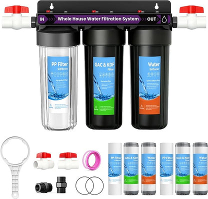 3 Stage Whole House Water Filter System, Water Softener System, Extra 2 Sets of Water Filter Replacement, Reduces Heavy Metal, Chlorine Oder, Taste, 10"x2.5", 3/4" Ports with 2 Valves