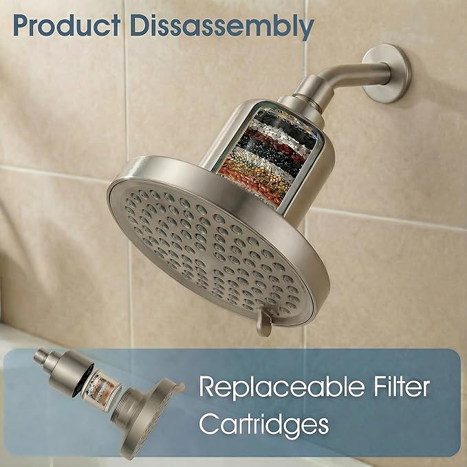 Fixed Shower Head ＆ Filter COMBO ! Anti - Chlorine Hard Water Filtered Shower Heads- 7 Sprays High Pressure Showerheads with 25 Stage Filtration (Brushed Nickel)