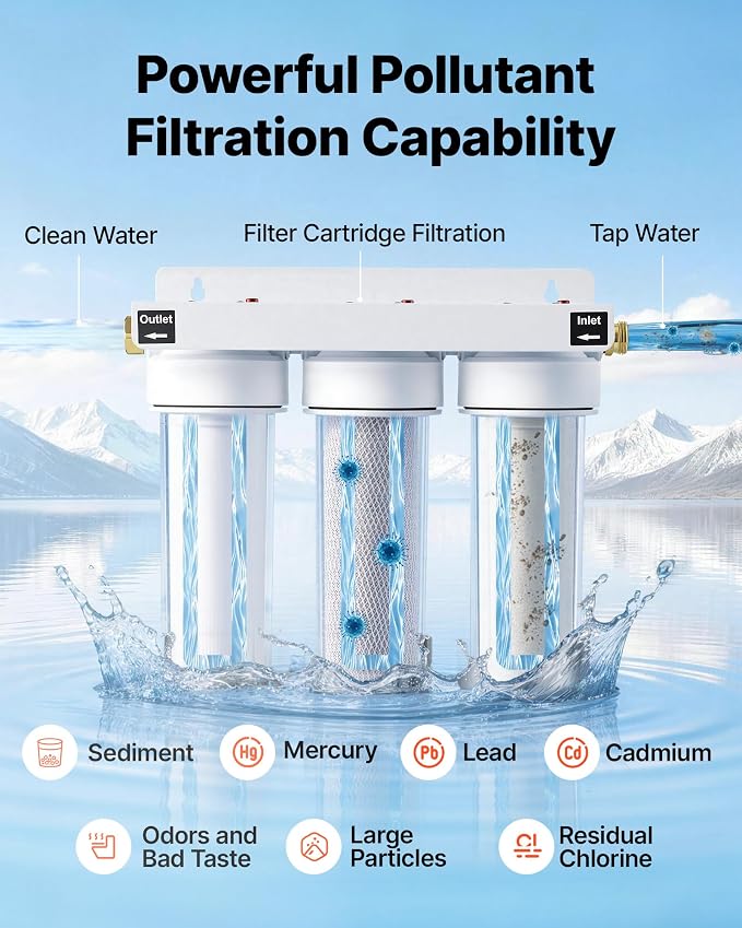 VEVOR RV Water Filter System, 5-Micron 3 Stage Premium RV Water Filtration System Replacement with Three Cartridges for RVs & Campers, Reduces Sediment, Chlorine, Certain Heavy Metals, Odors and More