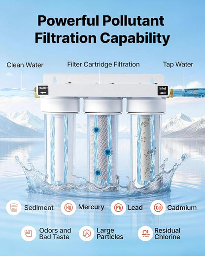 VEVOR RV Water Filter System, 5-Micron 3 Stage Premium RV Water Filtration System Replacement with Three Cartridges for RVs & Campers, Reduces Sediment, Chlorine, Certain Heavy Metals, Odors and More