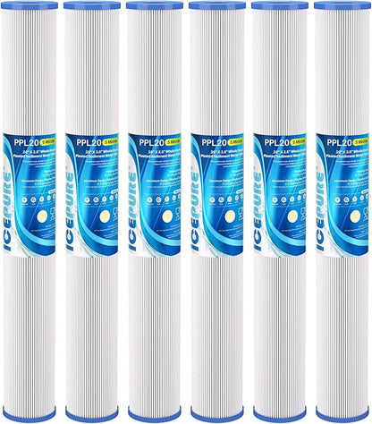 ICEPURE 20 Inch Whole House Pleated Sediment Water Filter Cartridge for Well Water, Replacement for ECP20-20, SPC-25-2020, ECP1-20, ECP5-20, SPC-25-2005, SPC-25-2001, 5 Micron 20" x 2.5", 6PACK