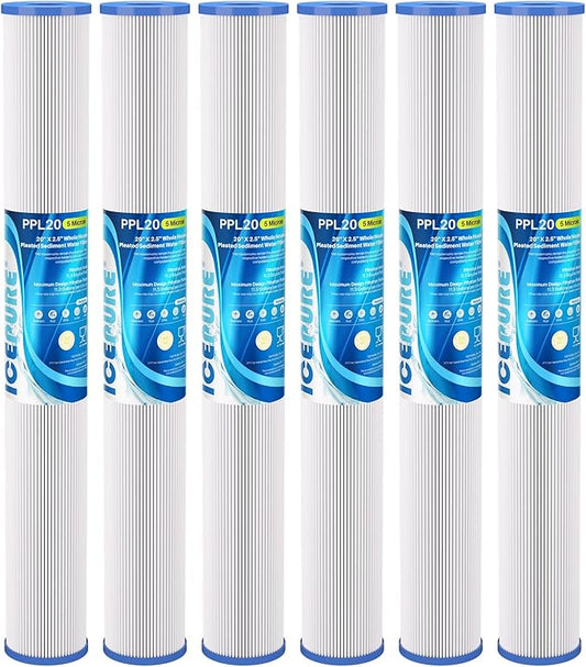 ICEPURE 20 Inch Whole House Pleated Sediment Water Filter Cartridge for Well Water, Replacement for ECP20-20, SPC-25-2020, ECP1-20, ECP5-20, SPC-25-2005, SPC-25-2001, 5 Micron 20" x 2.5", 6PACK