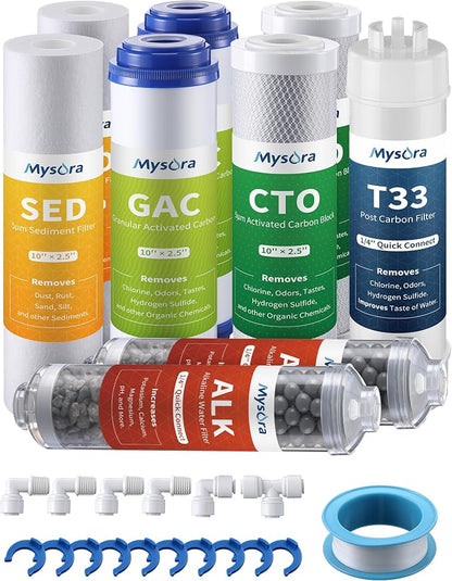 F9K NSF Certified 1-Year Reverse Osmosis Water Filter Replacement Set Compatible with iSpring RCC7AK, 9-Count for 6-Stage RO System with Alkaline Remineralization Filter, Without RO Membrane