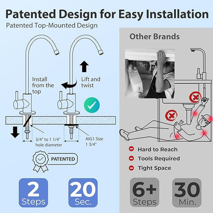 iSpring GA1-B Reverse Osmosis, Kitchen Bar Sink Lead-Free Drinking Water Faucet, Contemporary Style, High Spout, Chrome - 1/4"