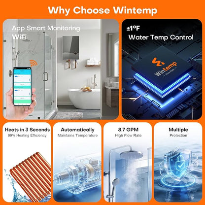 36kW Tankless Electric Water Heater 240V, Whole House, WiFi | On Demand Hot Water, Automatically Maintains Water Temperature, Up to 8.7 GPM, ETL, Eco, Max Current 150A