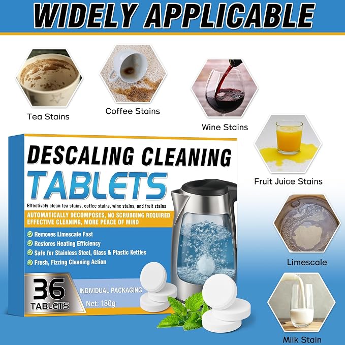 Kettle Descaler Tablets 34 Pack – Powerful Limescale Remover for Coffee Maker, Electric Kettle – Natural Citric Acid Formula, Hard Water Remover Tablets
