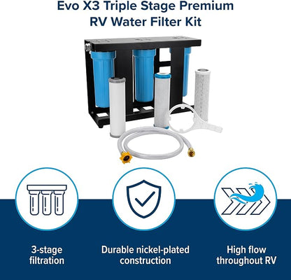 Camco Evo X3 Triple Stage Premium RV Water Filter Kit — Travel Accessory for Clean, Great-Tasting Water — Superior 0.2-Micron Filtration — Carbon Water Filter Removes Viruses, Bacteria, etc.