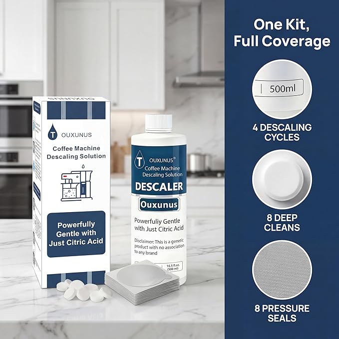 Descaling Solution Kit Compatible with Nespresso Vertuo Coffee Machines, 16.9 fl Oz Descaler (4 Uses), 8 Cleaning Tablets & 8 Aluminum Foil Lids, Complete Maintenance Set (1)