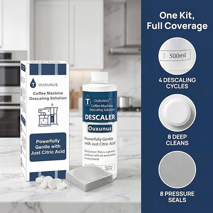 Descaling Solution Kit Compatible with Nespresso Vertuo Coffee Machines, 16.9 fl Oz Descaler (4 Uses), 8 Cleaning Tablets & 8 Aluminum Foil Lids, Complete Maintenance Set (1)