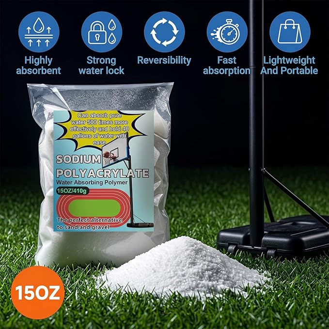 RAINFLOW 15OZ Water Absorbing Polymer - Sodium Polyacrylate Alternative to Sand for Basketball Hoop Bases,Sign,Soil Moist Water Crystals,Sand Bags for Umbrella Base Eco Gel for Camping Toilet