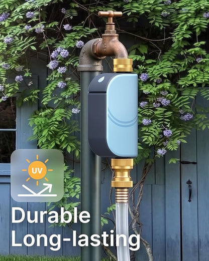 WiFi Water Timer for Garden Hose, Smart Sprinkler Controller with Heavy-Duty Brass Inlet & Flow Meter, No Hub Required, App Control Rain Delay Outdoor Hose Valve