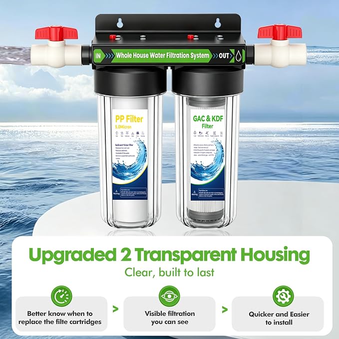 2 Stage Whole House Water Filter System with 3 Sets of Filters, 10"x2.5" | 3/4" Ports, Clear Housing, Highly Reduces Heavy Metal, Chlorine Odor, Taste, Rust, Sediment, 2 Valves, for Well & Tap Water