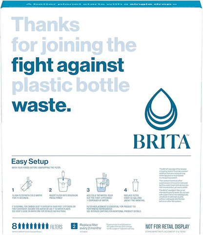 Brita Standard Water Filter for Pitchers and Dispensers, BPA-Free, Reduces Copper, Cadmium and Mercury Impurities, Lasts Two Months or 40 Gallons, Includes 8 Filters, White