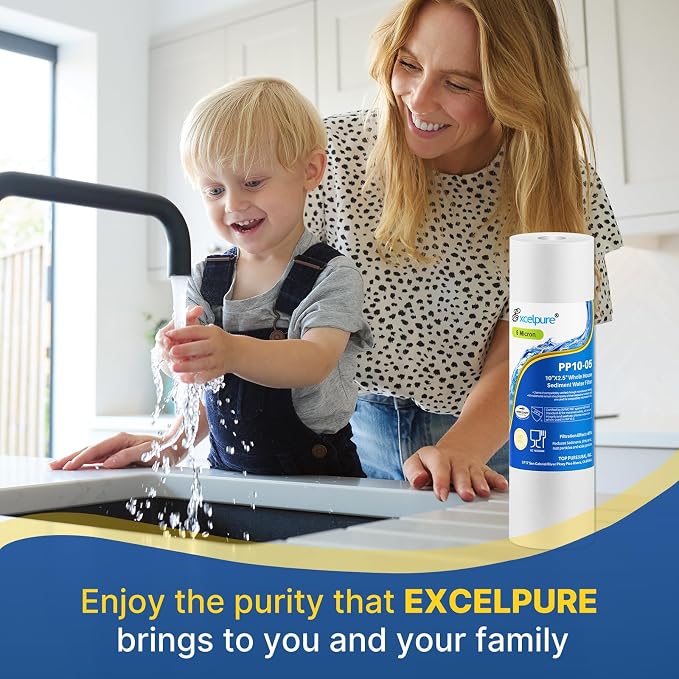 EXCELPURE 5 Micron 10" x 2.5" Whole House Sediment Home Water Filter Cartridge Replacement for Any 10 inch RO Unit, Culligan P5, Aqua-Pure AP110, Dupont WFPFC5002, CFS110, WHKF-GD05, PP10-05, 4PACK