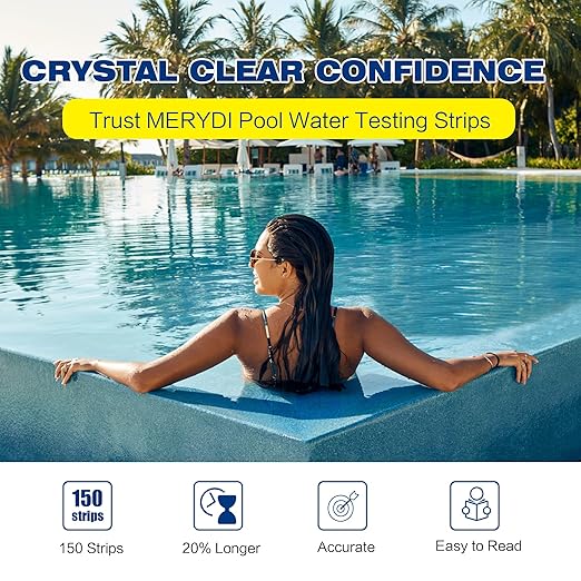 7-Way Pool Test Strips,150 Strips Pool and Hot Tub Test Strips,Accurate Test Bromine,Total Alkalinity,pH,Free Chlorine,Total Hardness,Cyanuric Acid and Total Chlorine Pool Spa Water Test Strips