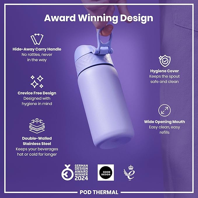 ION8 Insulated Steel Water Bottle, 320 ml/11 oz, Leak Proof, Easy to Open, Secure Lock, Dishwasher Safe, Carry Handle, Hygienic Flip Cover, Scratch Resistant, Durable Stainless Steel, Light Purple