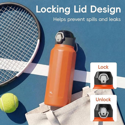 Konokyo FLOWPLAY 32oz Locking Push-Button Water Bottle with Silicone Spout,Leak-Proof,18/8 Stainless Steel Double-Wall Vacuum Insulated for Sports and Travel,BPA-Free,Orange