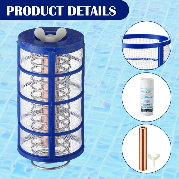 10 Pcs Copper Anode Replacement Kit, Solar Pool Ionizer Replacement, Include Copper Anode, Threaded Basket, Screen Spring, Wing Screw, Cleaner, Test Strips for Solar Pool, Reduces Chlorine