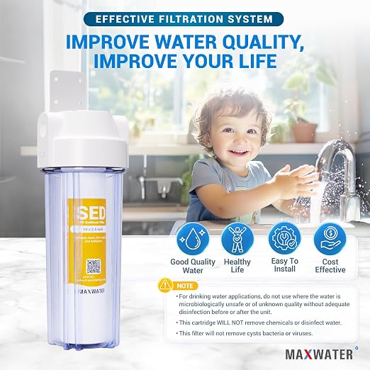 Max Water 10-Inch 1-Stage Whole House Water Filtration System with Clear Housing and 5-Micron Polypropylene Sediment Filter - Ideal for RVs, Well Water, and Boilers