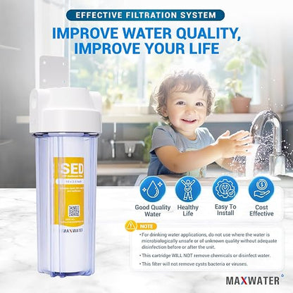 Max Water 10-Inch 1-Stage Whole House Water Filtration System with Clear Housing and 5-Micron Polypropylene Sediment Filter - Ideal for RVs, Well Water, and Boilers