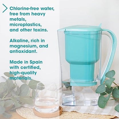 Alkanatur Alkaline Hydrogen Water Filter Pitcher - Removes Fluoride, Chlorine, Microplastics, PFAs, Lead - Activated Coconut Carbon, Ionizer, pH 9.5, Adds Magnesium (Filter with Added Zeolite (Blue))