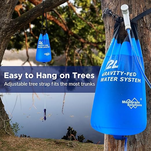 Membrane Solutions 12L Gravity Water Filter Max with Shower for Camping | NSF/ANSI 42, 372 & 401 certified; 0.1-micron 4-stage filter, 1,320-gal life for group camping, RV trips & emergencies