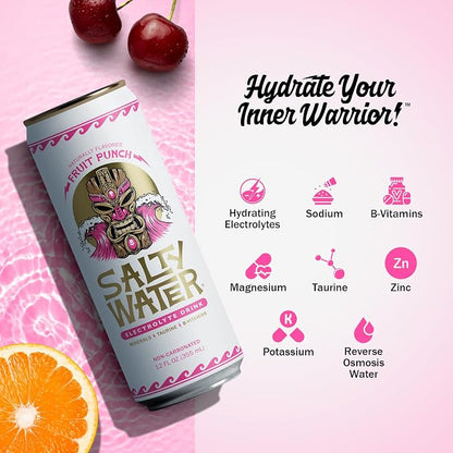 SaltyWater Electrolyte Drink, Fruit Punch – Zero Sugar Premium Hydration Drink, 10 Calories, Minerals, Taurine, B-Vitamins, Non-Carbonated - Zero Caffeine Electrolyte Sports Drink - Gluten Free - 12 Pack (12 oz)