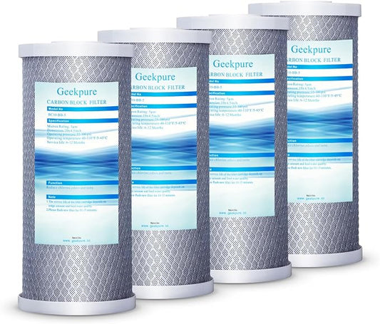 Geekpure 10-Inch Carbon Block Replacement Water Filter Cartridge for Whole House Water Filtration-4.5" x 10"-5Micron -Pack of 4