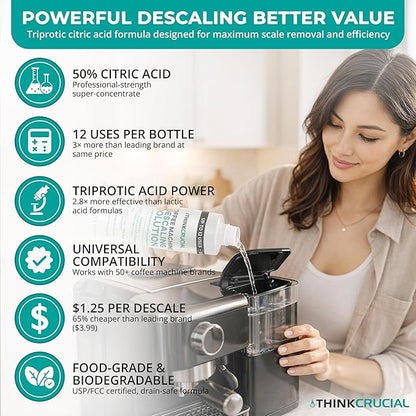 Think Crucial Professional Strength Citric Acid Coffee Machine Descaler – 12 FL OZ – Up to 12 Uses – Universal Concentrate – Compatible with De'Longhi®, Keurig®, Breville®, Nespresso® & Most Machines