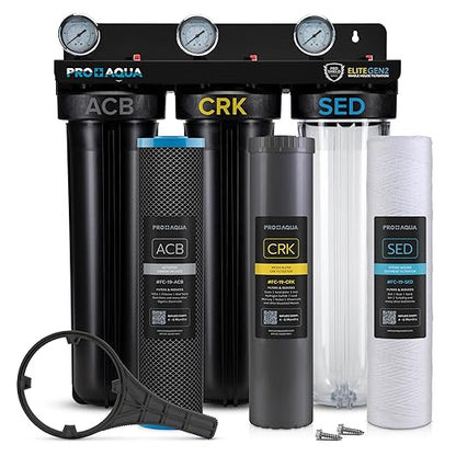 PRO+AQUA Elite Series GEN2 PRO-100-E 3-Stage Whole House Water Filtration System for City & Well Water with Pressure Gauges | Reduces Contaminants, Sediment, Chemicals, Heavy Metals, with 1” Ports