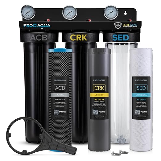 PRO+AQUA Elite Series GEN2 PRO-100-E 3-Stage Whole House Water Filtration System for City & Well Water with Pressure Gauges | Reduces Contaminants, Sediment, Chemicals, Heavy Metals, with 1” Ports