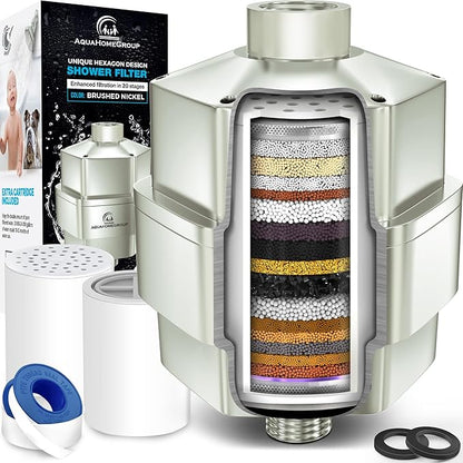 AquaHomeGroup 20 Stage Shower Filter - Reduces Chlorine, Heavy Metals and Sediment - Vitamin C and E - High Output - Universal Fit - Brushed Nickel