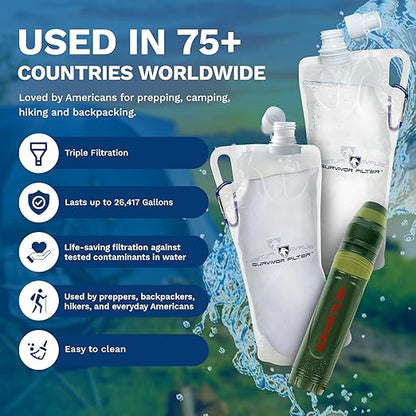 Survivor Filter Squeeze Kit – Emergency Water Straw with 2 Collapsible 33.8 fl oz Bottles – USA-Tested – 0.05 Micron Filtration – Portable Outdoor Water Filter for Camping & Hiking – No Expiration