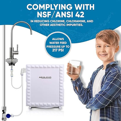 Tankless Slim Under-Counter Water Filter System 5-Stage Filtration Removes Odor & Chlorine, Includes Chrome Faucet - Ideal for Under Sink, Refrigerators, Coffee & Ice Makers
