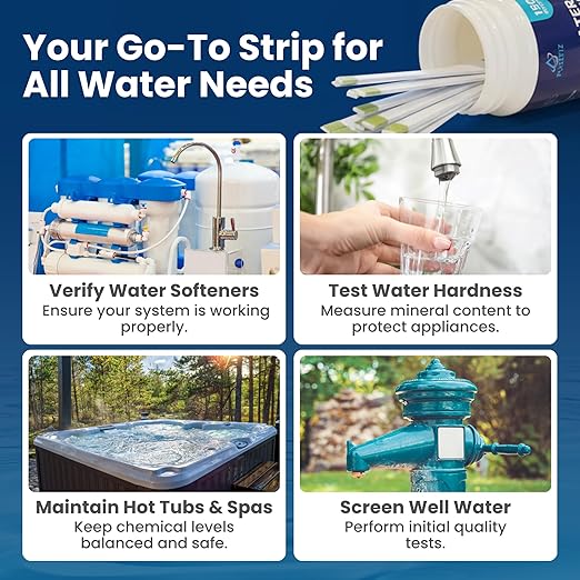 Water Hardness Test Strips – 150 Strips for Home, Well Water & Water Softeners – Instant Results in 30 Seconds – Tests Soft, Hard & Very Hard Water – Perfect for Kitchens, Showers & Appliances