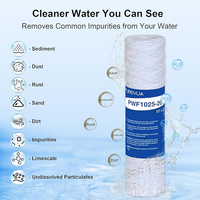 20 Micron 10"x2.5" String Wound Sediment Filter, Whole House Water Filter Cartridge for Well Water, Compatible with CW-F, AO-WH-PRE-R2, WHKF-WHSW, Fits Standard 10" Housings, 6 Pack