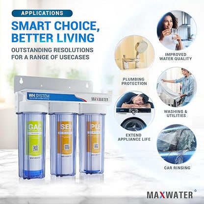 Max Water 3 Stage (Good for City & Cottage Water) 10 inch Standard Water Filtration System for Whole House - Pleated Sediment + Sediment + GAC - ¾ Inlet/Outlet - Model : WH-SC7