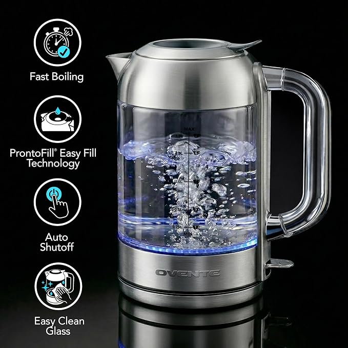 OVENTE Electric Kettle, 1.8L Glass Kettle Stainless Steel Base Water Boiler Electric with Acrylic Handle, 1500W Fast Boil Electric Kettle, Easy Fill Lid, Auto Shut-Off, Silver KG921S