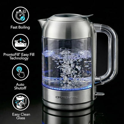 OVENTE Electric Kettle, 1.8L Glass Kettle Stainless Steel Base Water Boiler Electric with Acrylic Handle, 1500W Fast Boil Electric Kettle, Easy Fill Lid, Auto Shut-Off, Silver KG921S