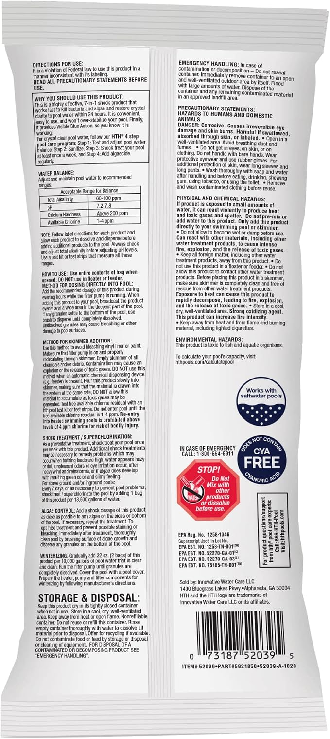 HTH 52039 Swimming Pool Care Shock Ultra, Swimming Pool Chemical, Cal Hypo Formula (1 Pack)