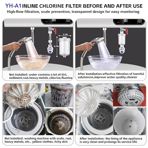 2 Micron Carbon Washer Water Filter, Visible Washing Machine Water Filter System, 99.5% Removal of Chlorine Fluoride, Heavy Metals, Odors, Scale, Reduces Dry Skin ACF Shower Filter