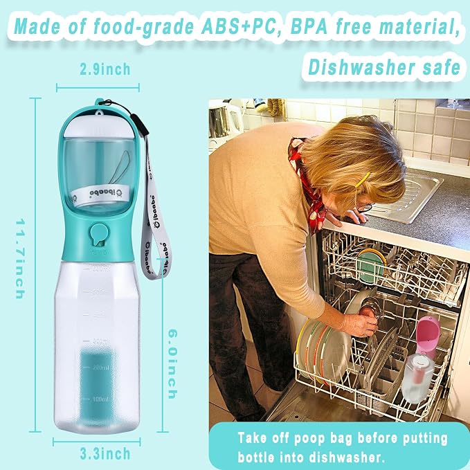 Cibaabo Dog Water Bottle with Food Container & Poop Bag Holder & Filter | Travel Water Bowl, Portable Pet Dispenser, Dog Gifts, Puppy Essentials for Walking Hiking