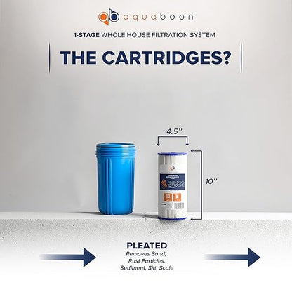 Aquaboon Whole House Water Filter Housing - 5 Micron Pleated Sediment Filter Housing Cartridge - Well Water Filter System for House w/Wrench, Bracket & Pressure Gauge & Release