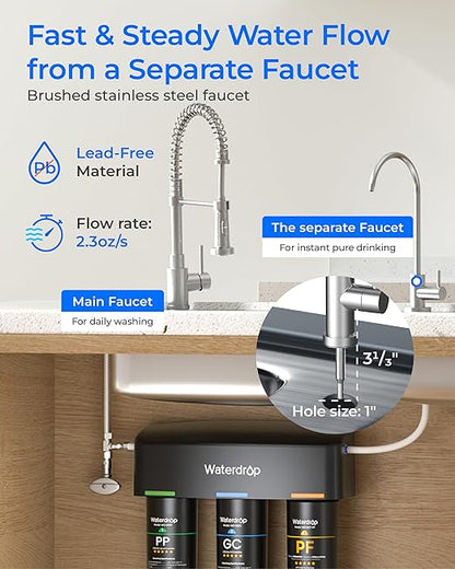 Waterdrop TSB-10-PF Under Sink Water Filter, 𝐑𝐞𝐝𝐮𝐜𝐞𝐬 𝟖𝟎+ 𝐈𝐦𝐩𝐮𝐫𝐢𝐭𝐢𝐞𝐬-PFAS, Chlorine, Chloramine, Fluoride, Taste&Odor, 9 Layer Under Sink Water Filtration System,with A Extra Faucet