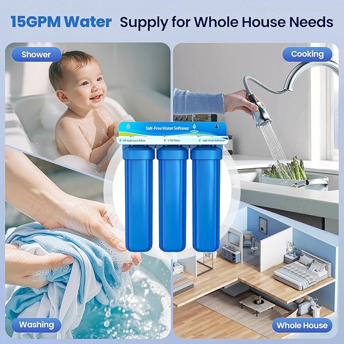 Whole House Salt Free Water Softener, Salt-Free Water Filter System, Prevent Water Scale Buildup, Salt-Free Water Softener Alternative, Without Salt and No Waste Water, Protect Appliances, 1" FNPT