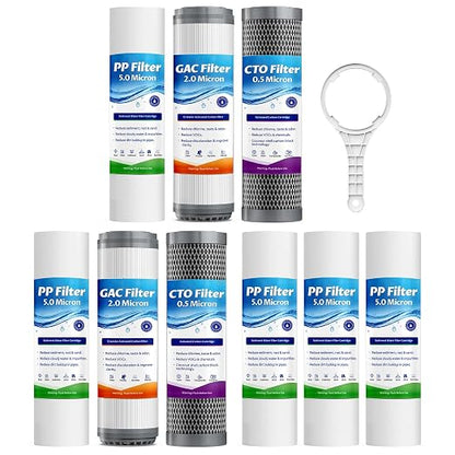 Whole House Water Filter Replacement Cartridges 9-Pack, 10"x2.5" 3-Stage Whole Home Water Filter(Sediment+GAC+CTO Filter), 0.5 Micron Reduces Chlorine,Taste, Sediment for Cleaner Water, 2-Year Supply