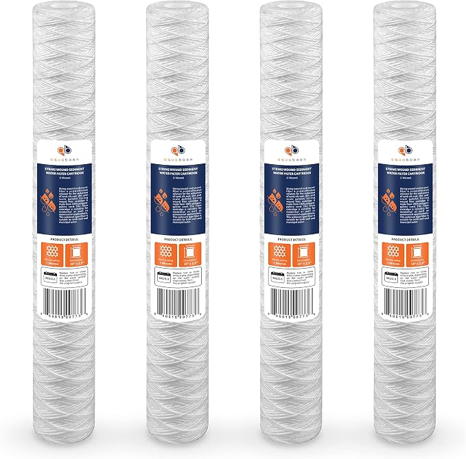 Aquaboon 1 Micron 20" x 2.5" String Wound Water Filter Cartridge - Whole House Water Filter Replacement for Well Water Matches SWC-25-2005, 4-Pack